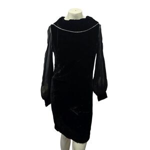 Vintage Lee Jordan Black Velvet Dress‎ Sheer Sleeves Rhinestone Trim 9/10